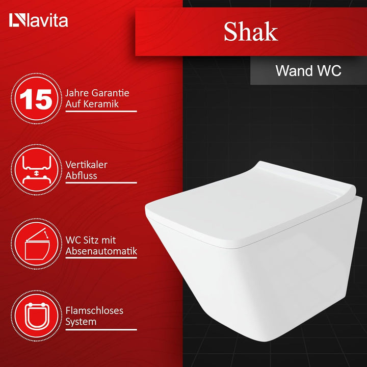 LAVITA Wand-WC Shak | Hänge Toilette | WC Sitz | Toilettendeckel mit Absenkautomatik & Metallscharni