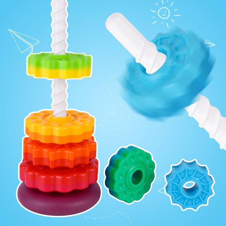 41cm Stapelturm mit Drehfunktion, Regenbogen-Stapelringe Spielzeug für Kinder, Zweifarbige drehende