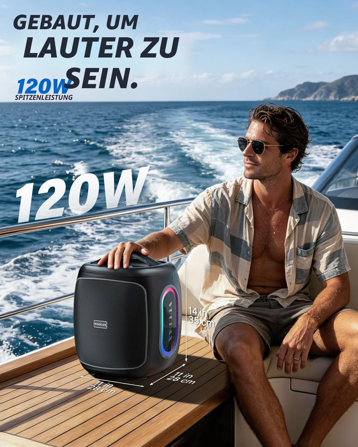 Bluetooth Lautsprecher Gross 120W, Tragbare Musikbox mit kraftvollem Sound, 6,5'' Woofer, Tiefbass &
