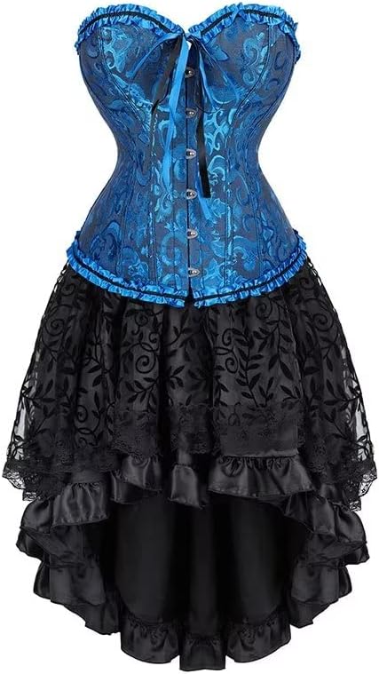 Korsett Kleid Damen Corsage Set Bustier Korsettkleid Blumen Gothic Burlesque L Blackblue, L Blackblu