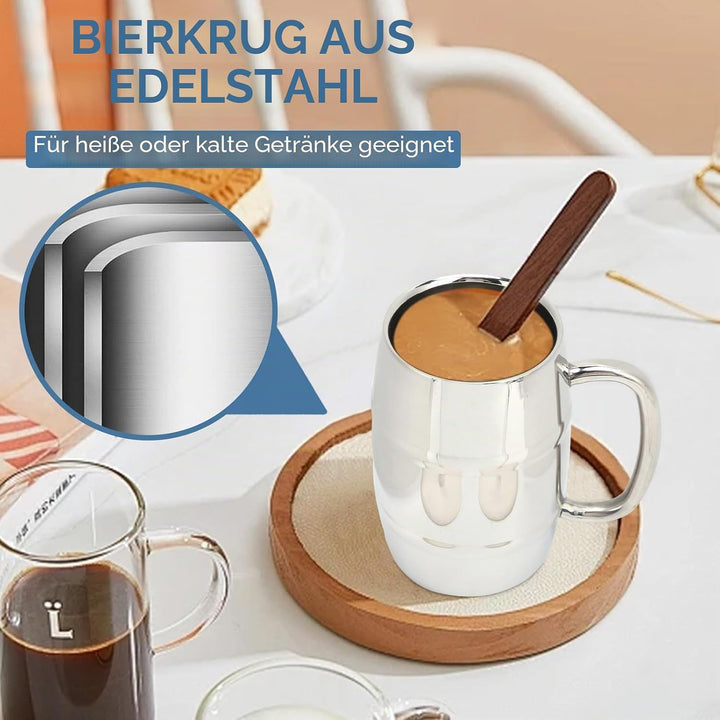 2 Stück Edelstahl Bierkrug, Metall Doppelwand Bierkrug Fass Bierkrug Reisebecher mit Griff Kaffeetas