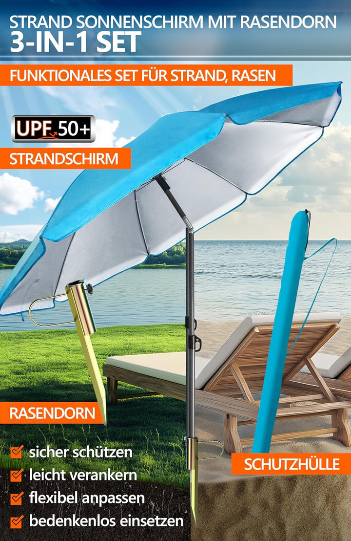 4smile Sonnenschirm Strand SunnyJoy Ø 2 m, Blau – 3er Set inkl. Strandschirm windfest stabil, Rasend