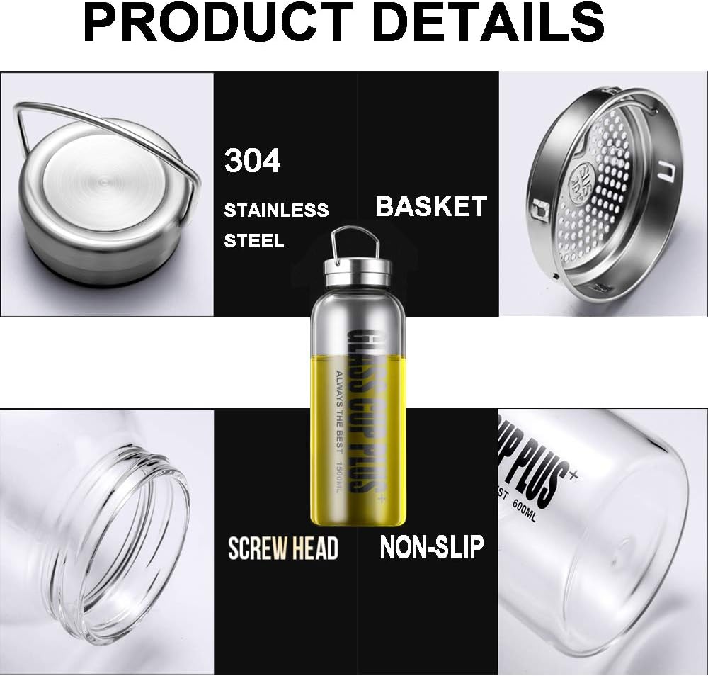 1.5 Liter Sport Borosilikat Trinkflasche Tragbare Glas Wasserflasche von kalten Heissgetränken mit E