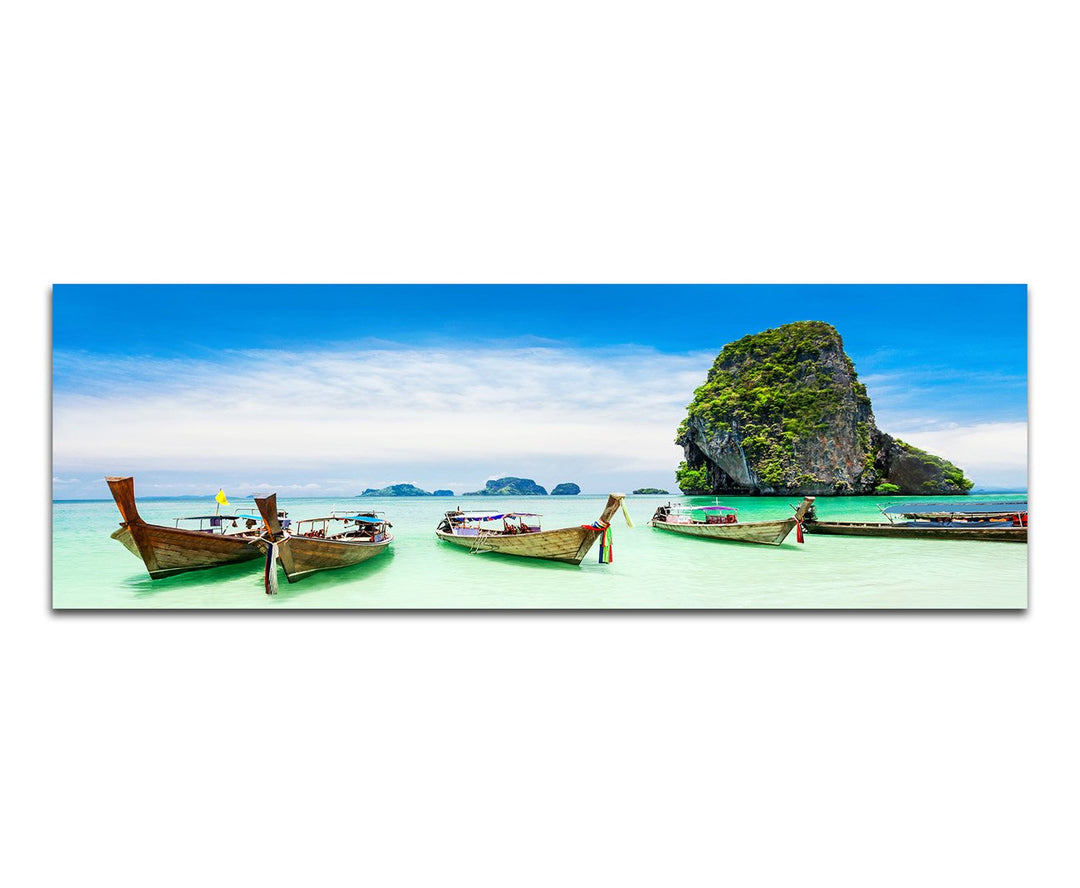 Paul Sinus Art Panoramabild auf Leinwand und Keilrahmen 120x40cm Thailand Fels Strand Meer Boote
