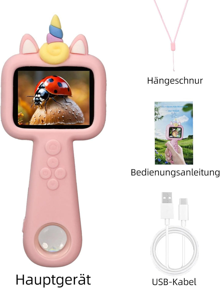 QUBAI 600x Mini-Handy-Mikroskop für Kinder, 2,4" IPS, USB, LED, physisch & digital, tragbar, ab 3 Ja