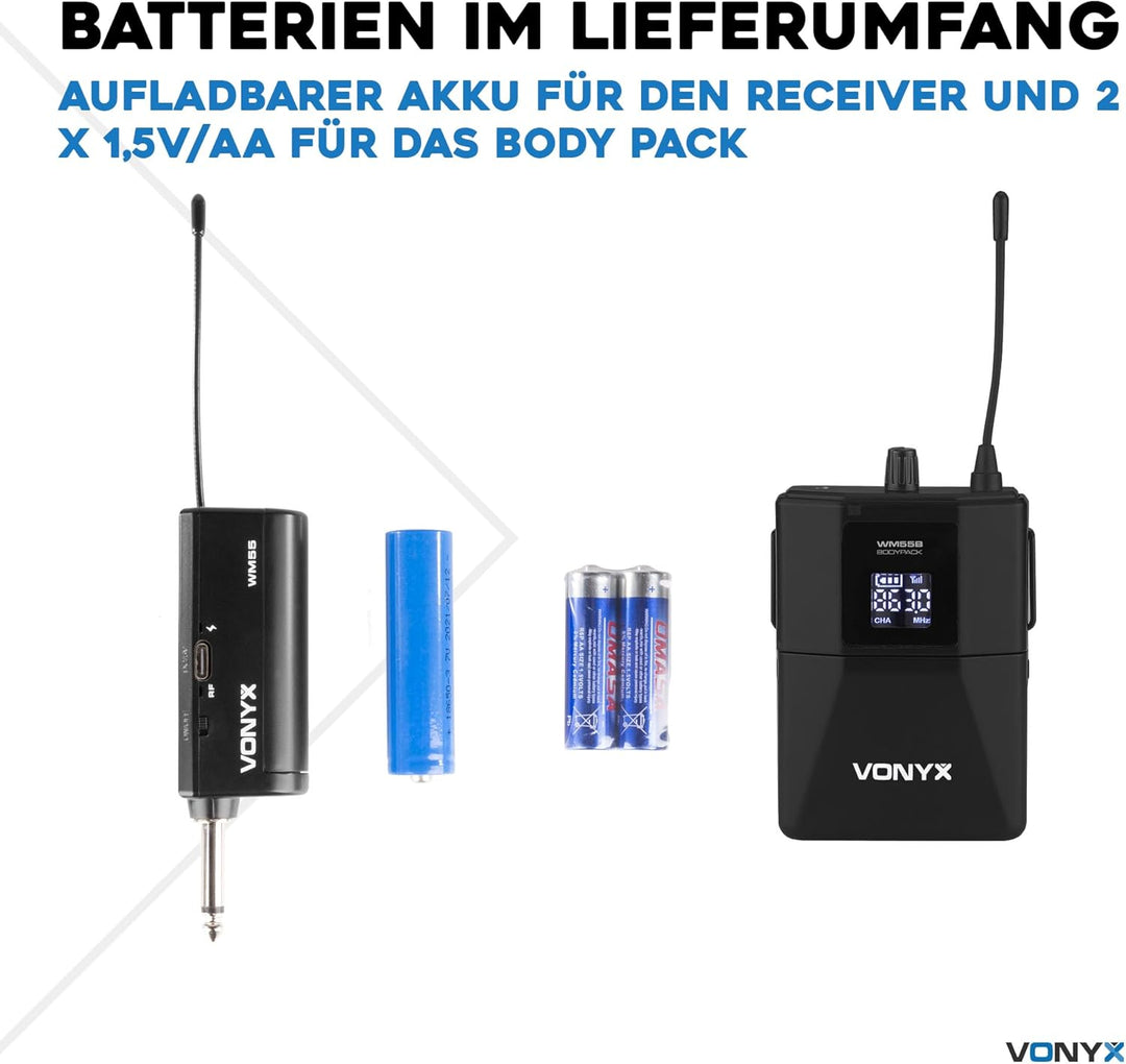 Vonyx WM55B Funkmikrofon Set, Headset Mikrofon und Lavalier Mikrofon Kabellos mit Plug-in-Empfänger,
