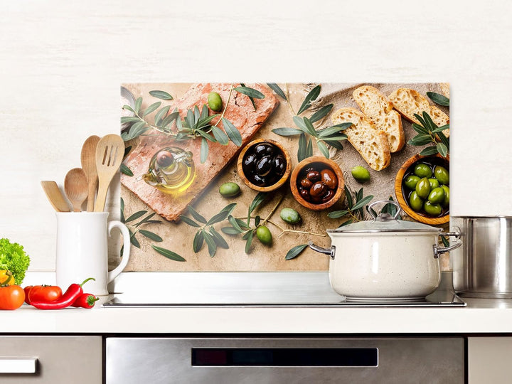 GRAZDesign Spritzschutz Küchenrückwand Glas Küche für Herd & Küchenspüle, Holzoptik mit Oliven | Gla