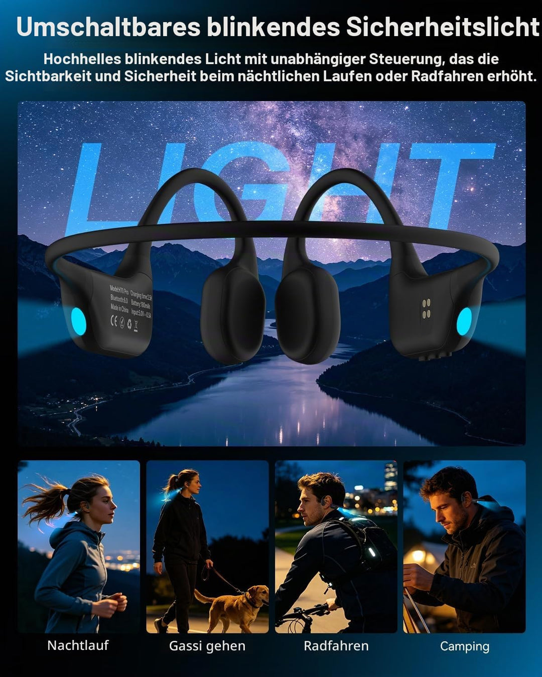 Knochenschall Kopfhörer Bluetooth 6.0 Zum Joggen, Radfahren, Fitness, IPX8 | 24g Ultraleicht, weiche