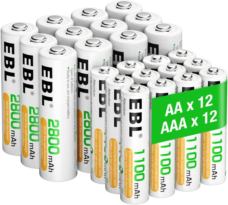 EBL AA AAA Akku Pack 24 Stück - AA Akku 2800mAh 12 Stück mit AAA Akku 1100mAh 12 Stück, 1,2V NI-MH w