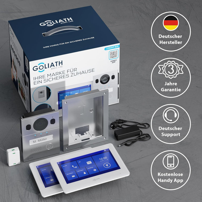 GOLIATH Basic Video Türsprechanlage, 2 Draht Bus, 2X 7 Monitor, Unterputz Türklingel mit Kamera, Geg