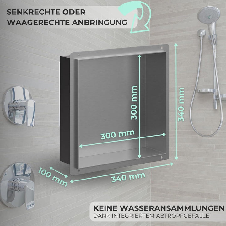 HAGO24 DIY Duschnische 30x30cm I Wandnische Dusche aus Edelstahl I einbaubare Duschablage in silber
