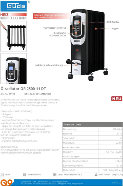 Güde Ölradiator OR 2500-11 DT (2500 W, 3 Heizstufen: 1000/1500/2500 W, 11 Rippen, LCD-Display, Kipp-