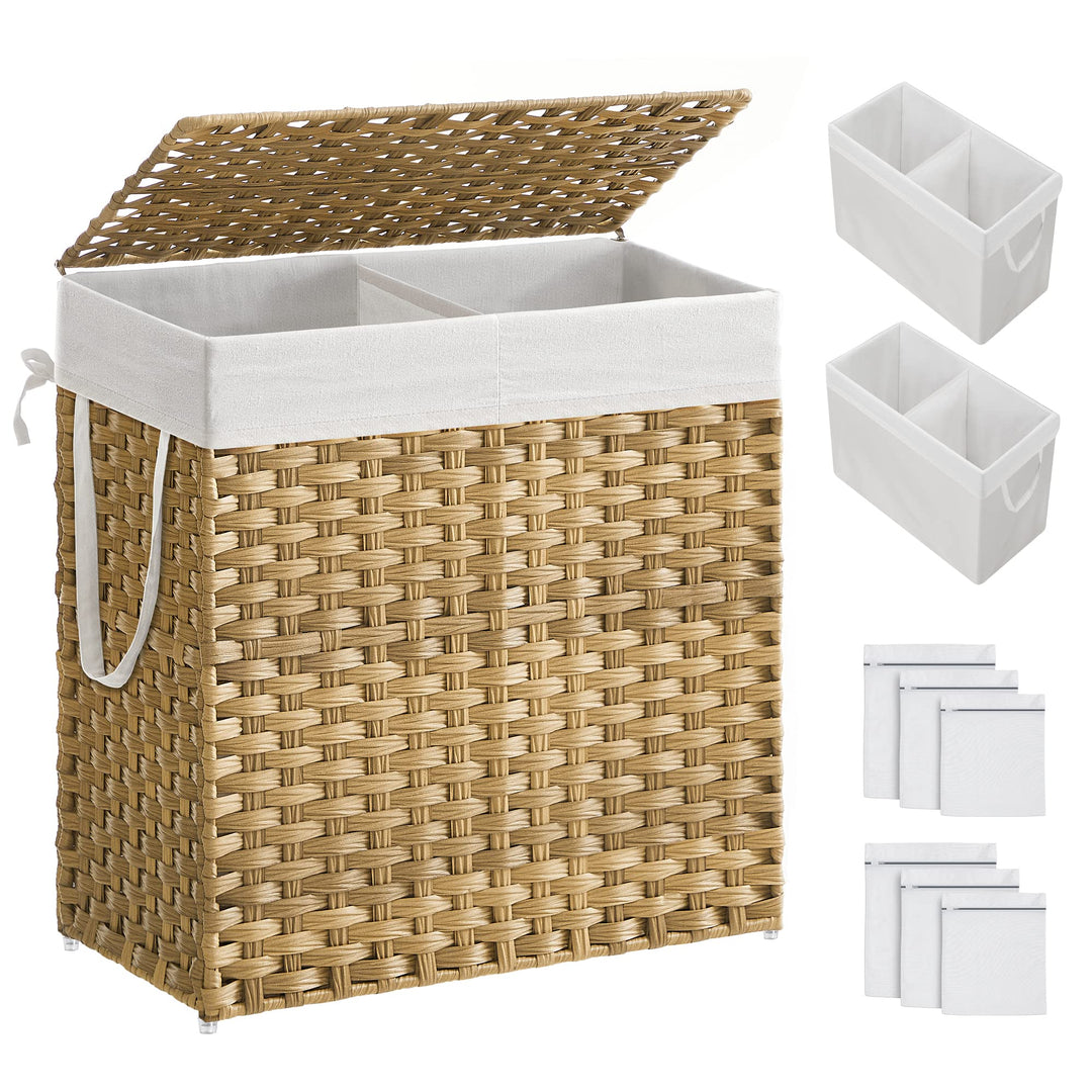 SONGMICS Wäschekorb handgeflochten, Wäschesammler aus synthetischem Rattan, mit Deckel und Griffen,