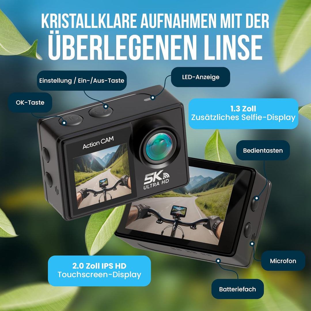 Strex Action Cam 5K 50MP - 60FPS / 30M Wasserdicht/WiFi - Touchscreen – Externes Mikrofon - Inklusiv