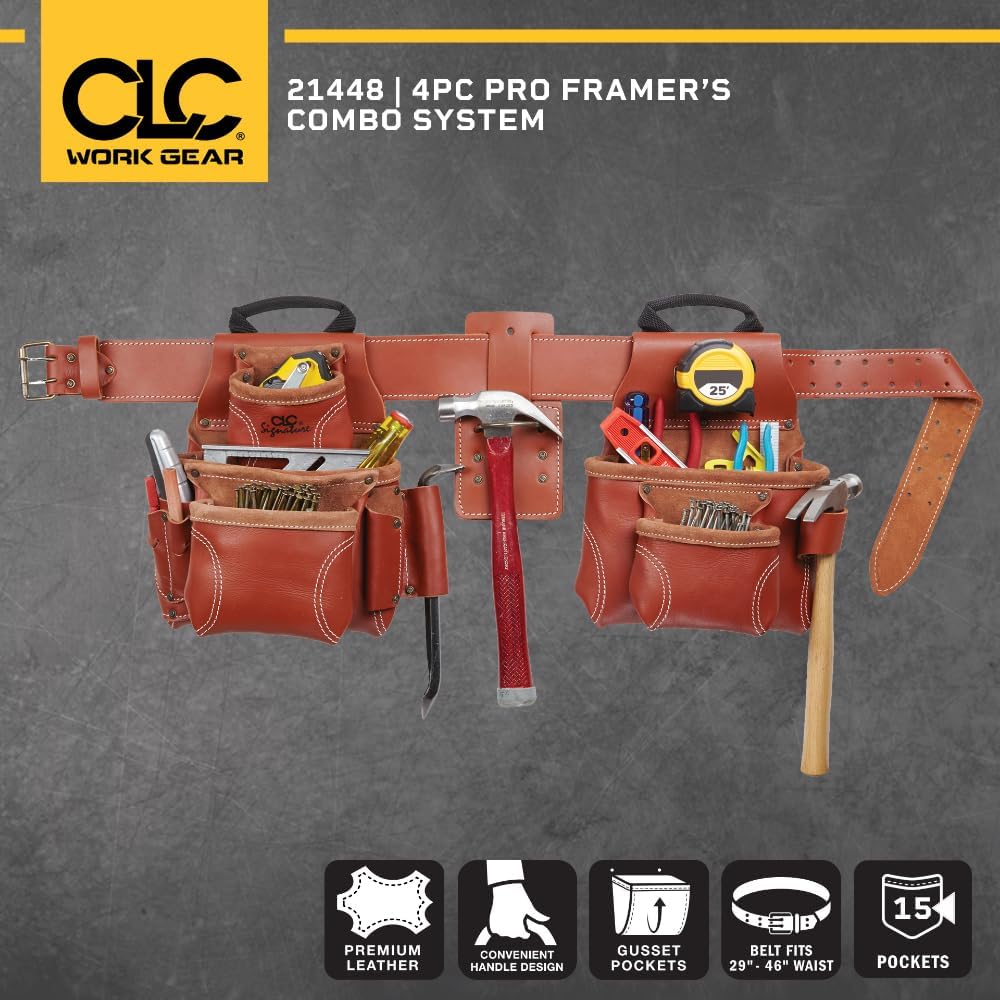 CLC Custom Leathercraft 21448 Pro Framer's Combo System Werkzeuggürtel, 15 Taschen, Braun, 4-teilig