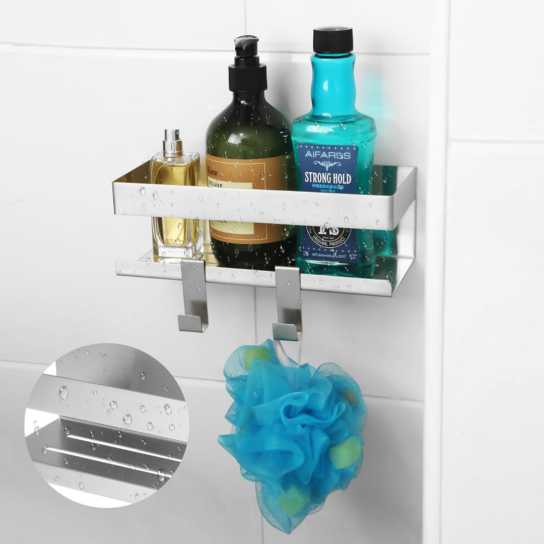 Duschablage Ohne Bohren mit 4-Haken,Duschregal aus Edelstahl SUS304 Duschregal Wandmontage Badregal,