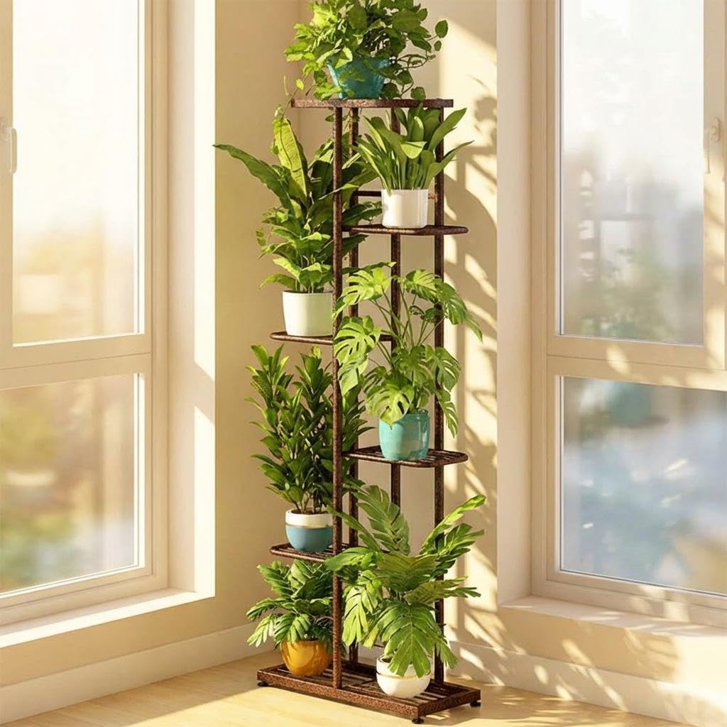 GarveeHome 6-Stöckiges Pflanzenregal Metall Für 7 Blumentöpfe, Eck Pflanzenständer Indoor & Outdoor,