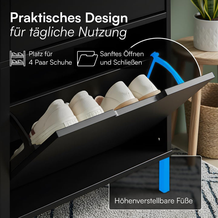 Bellamio Ceyhan Schuhschrank mit 2 Klappen – Schuhkipper schwarz aus Holz – Schuhregal schmal 50x19x
