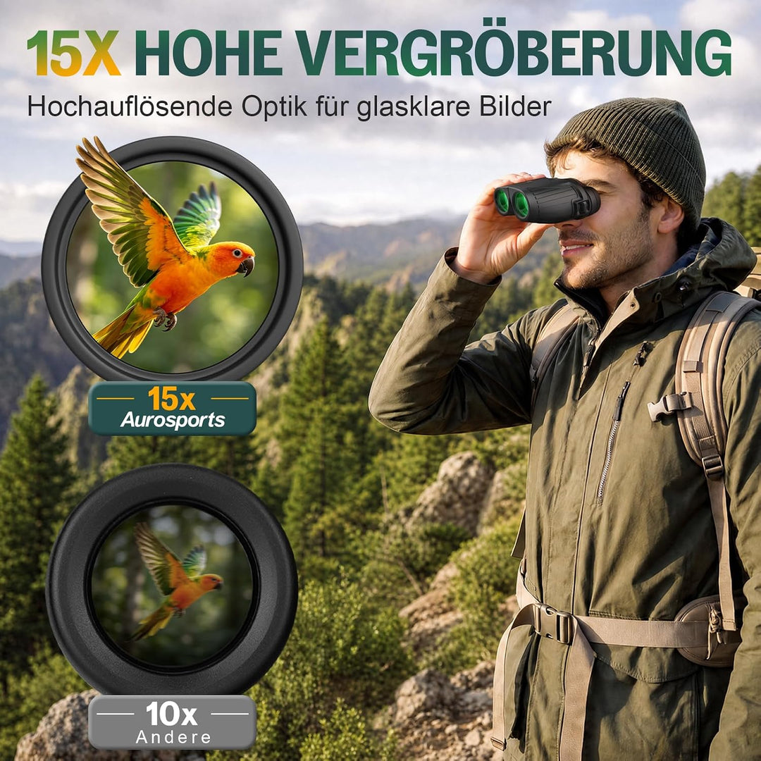 Aurosports Fernglas 15x25 Kompakt Fernglas für Kinder Erwachsene Ferngläser | Klein, Hochauflösend,