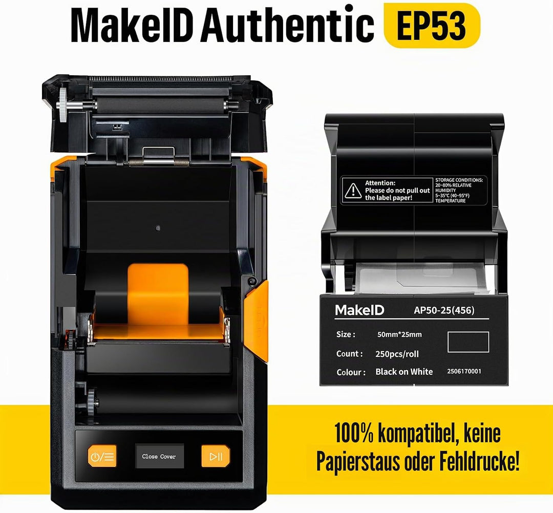 MakeID EP53 Etiketten, Allwetter-PET-Etikettenband mit Farbbandkassette für ID- und Gerätekennzeichn