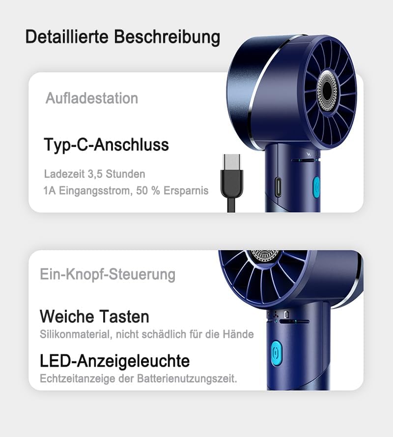 Handventilator Akku Aufladbar, Mini Stark Ventilator mit 7000 rpm Hohe Geschwindigkeit, Kleiner Meta