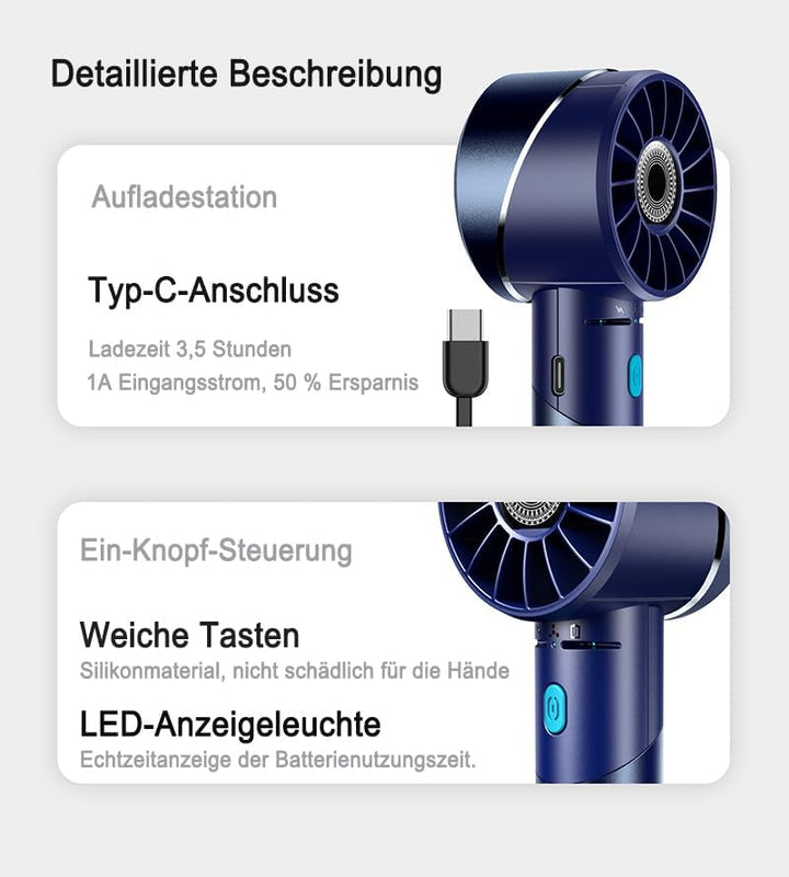 Handventilator Akku Aufladbar, Mini Stark Ventilator mit 7000 rpm Hohe Geschwindigkeit, Kleiner Meta