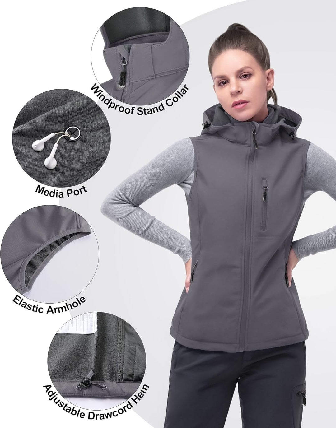 33,000ft Damen Softshell Westen mit Abnehmbarer Kapuze Fleece Gefütterter Ärmelloser Jacke Wasserdic