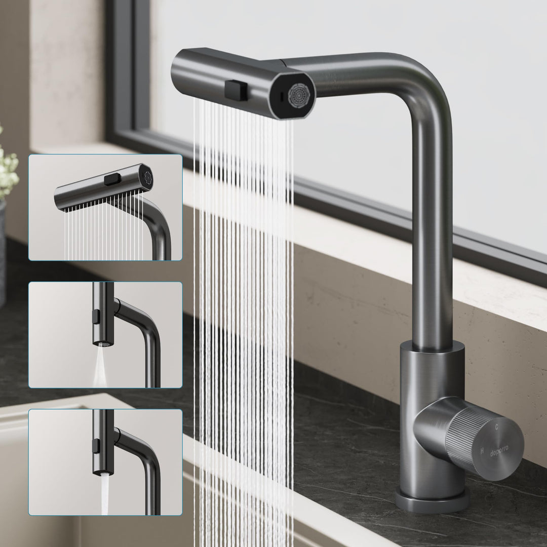 doporro Wasserhahn Küche ausziehbar, Hochdruck Küchenarmatur mit Wasserfall, 3 Strahlarten und Braus