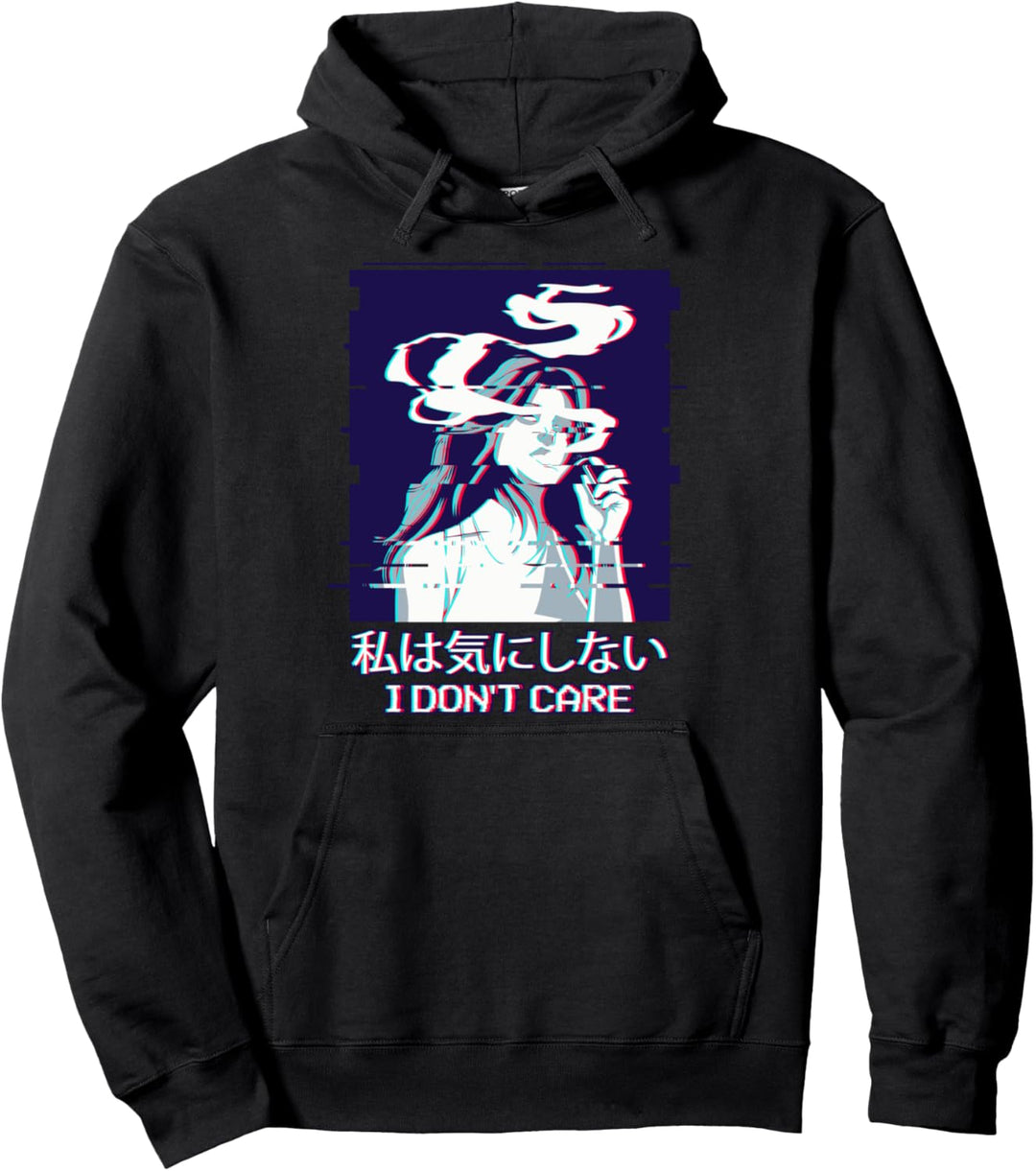 I Don't Care - Smoking Anime Girl Japanese Aesthetic Glitch Pullover Hoodie