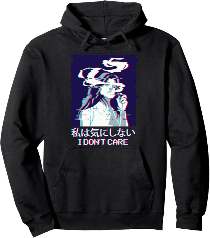 I Don't Care - Smoking Anime Girl Japanese Aesthetic Glitch Pullover Hoodie