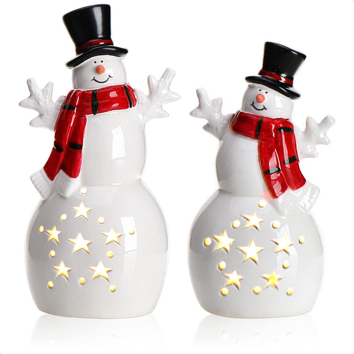 COM-FOUR® 2X LED Schneemann als dekorative Beleuchtung - Lichterstatue - Weihnachtsfigur aus Keramik