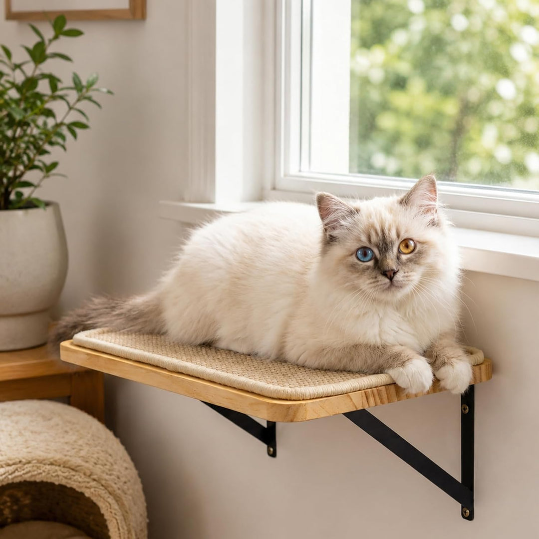Katzen Kletterwand, Katzenwandmöbel mit Kratzmatte, Wandmontiertes Massivholz Schlafplattform für Kl