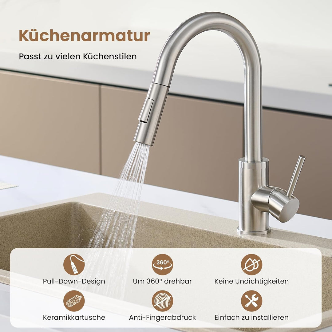 KPW Küchenarmatur Edelstahl Gebürstet Nickel mit Herausziehbarer Brause, Spültischarmatur mit Hohem