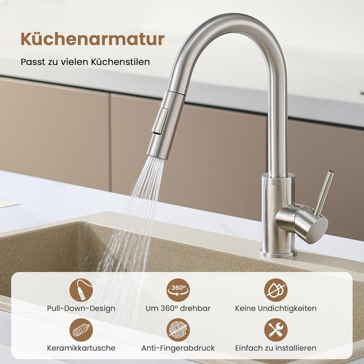 KPW Küchenarmatur Edelstahl Gebürstet Nickel mit Herausziehbarer Brause, Spültischarmatur mit Hohem