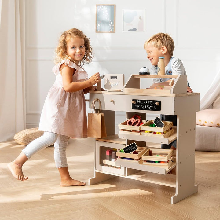 howa Kaufladen - Kaufmannsladen aus Holz, mit Spielkasse und Spielzeugkartenleser, Tafel für Kreide,