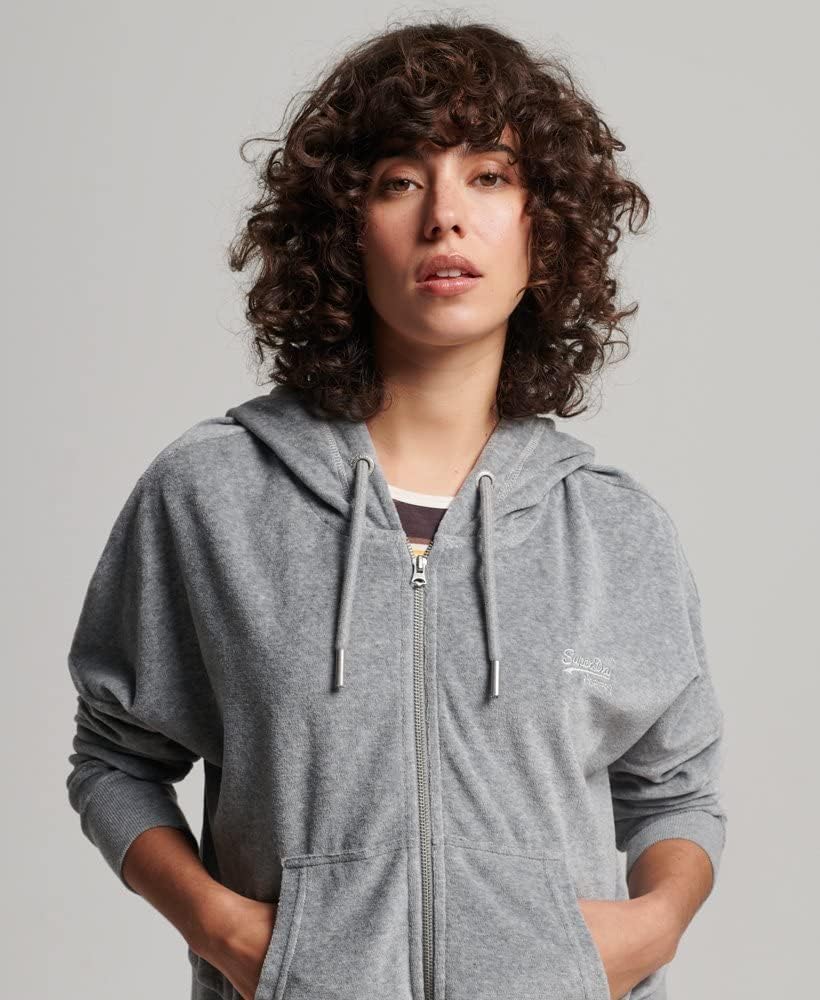 Superdry Damen Vintage Logo Velours-Kapuzenjacke aus Bio-Baumwolle 40 Grau Meliert, 40 Grau Meliert