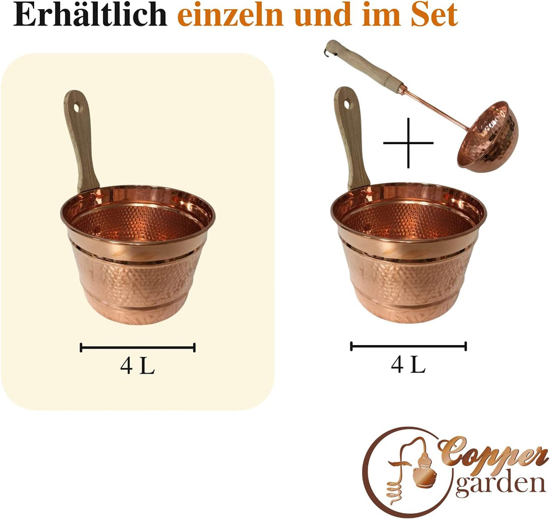 CopperGarden Saunaeimer aus blankem Kupfer I Schwalleimer mit Wandhalterung aus Holz I Handgeschmied