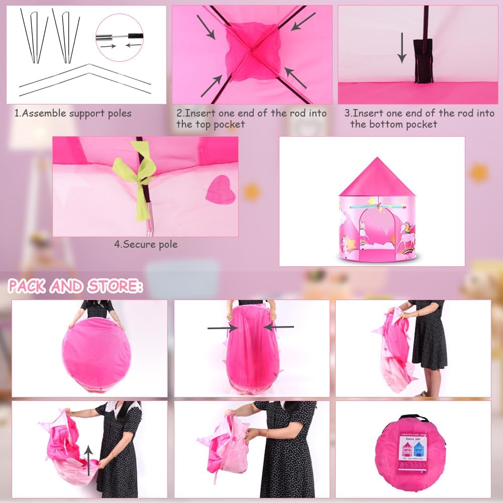 HOTUT Kinder Spielzelt, Prinzessin Zelt Rosa, Kinderzelt Indoor Outdoor mit lichtern und Aufkleber,