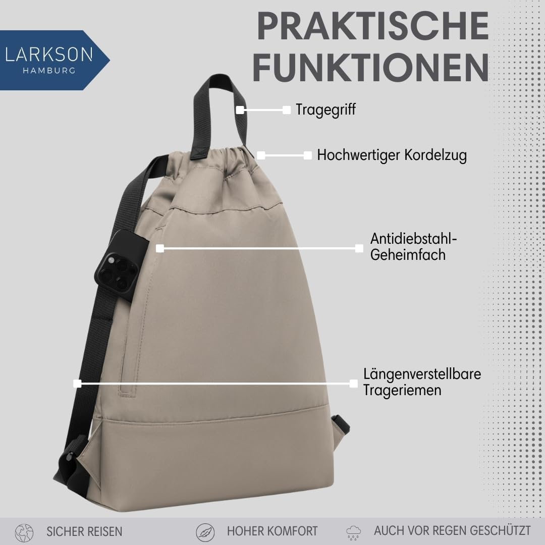 LARKSON Turnbeutel Damen &amp; Herren Grau - No 7 - Rucksack Damen für Sport und Festival - Beutel Rucks