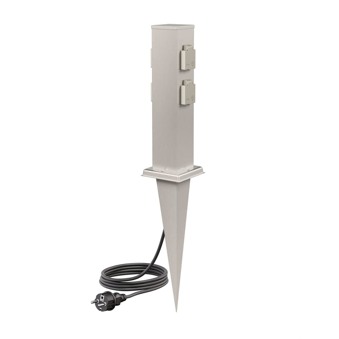 ledscom.de Garten-Steckdosen-Säule Polly mit Erdspiess und 2m Kabel für aussen, 4-Fach, Edelstahl, e