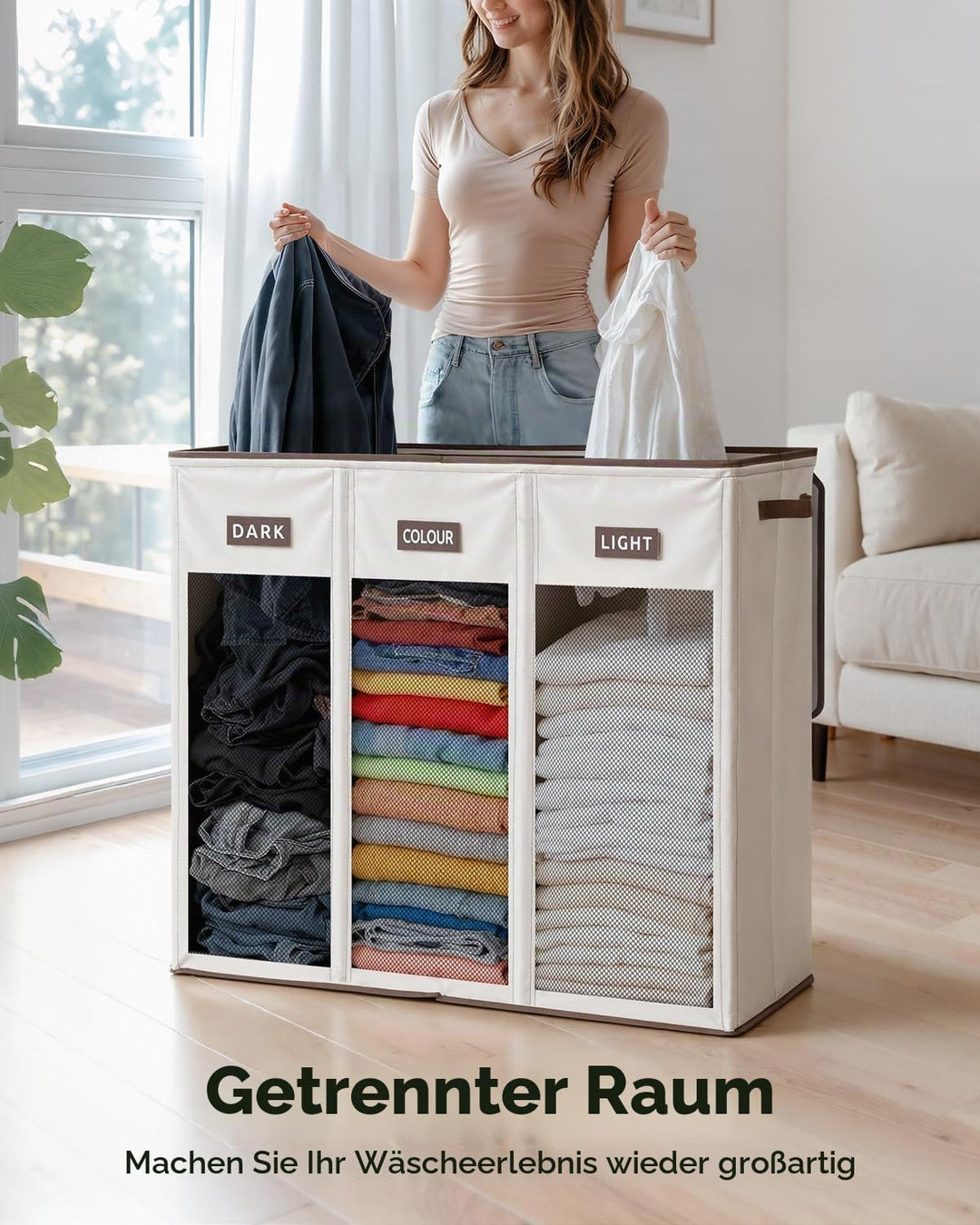 SOLEDI 200L Wäschekorb, Wäschesammler 3 fächer mit Deckel und 3 Wäschesack - Wäschesortierer Gross X
