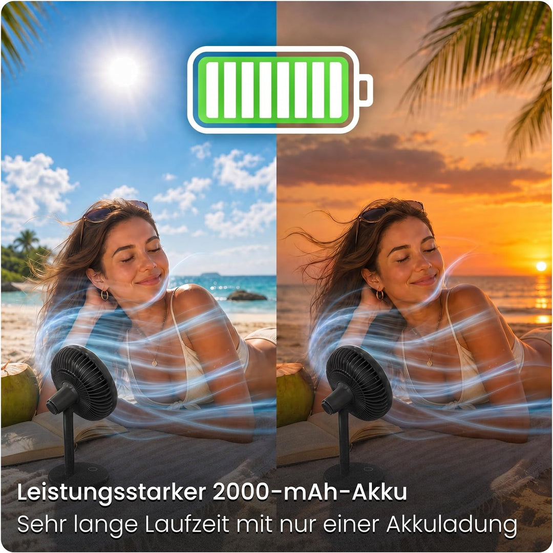 Tischventilator sehr leise - 7-Flügel USB Ventilator Akku 2000 mAh, Ø 14cm, 4 Modi, Naturwind, Bürst