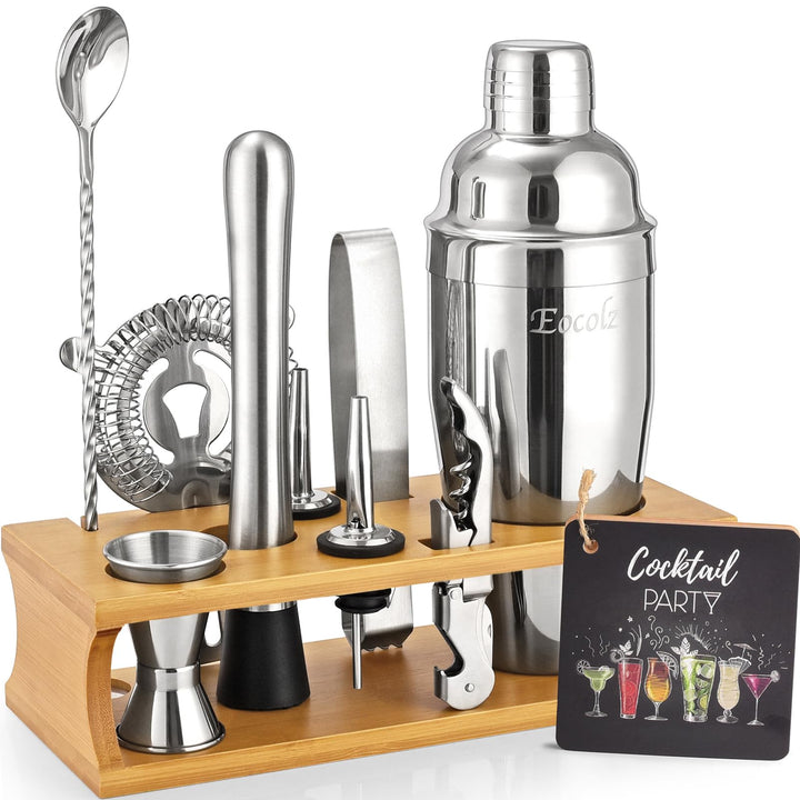 Eocolz Cocktail Shaker Set Edelstahl Barkeeper Set Bar Zubehör mit Ständer, Doppeljigger, Sieb, Bar