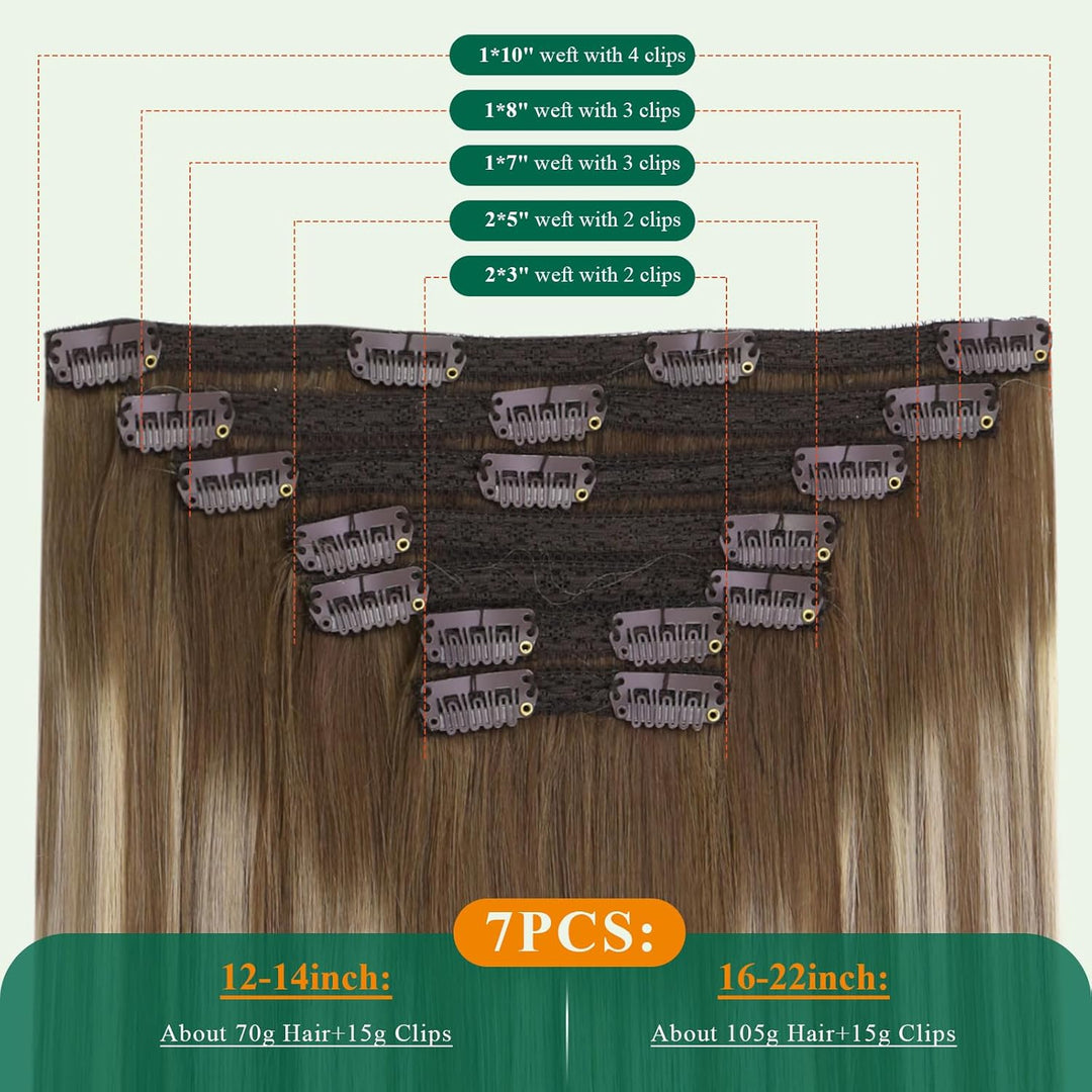 Easyouth Clip Extension Echthaar Doppelt Tressen Clip Extensions 20 Zoll 100g 7Pcs Farbe Mittelbraun