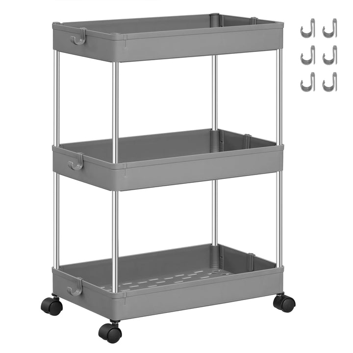 SONGMICS Rollwagen, Küchenwagen, Küchenregal, Nischenregal, mit 6 Haken, 360° drehbare Räder, Stahlg