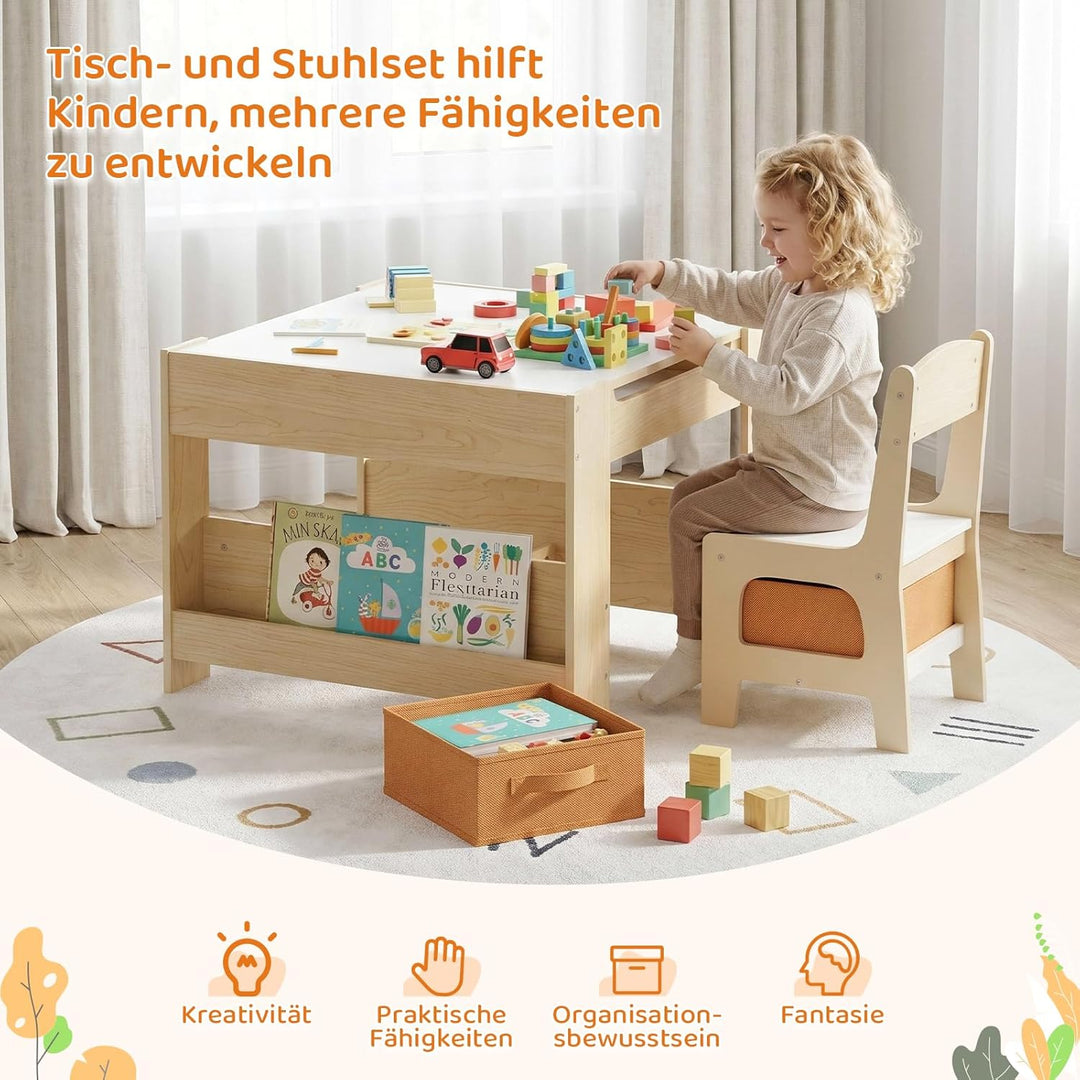 MAMIZO Kindertisch mit 2 PCS Stühlen, 3 in 1 Kinder Tisch Stuhl Set, Kindermöbel Set aus Holz mit St