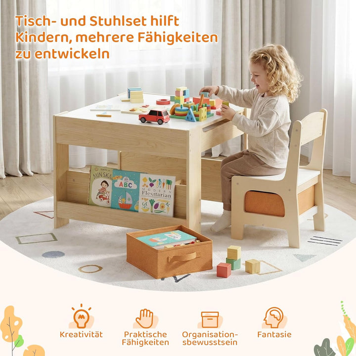 MAMIZO Kindertisch mit 2 PCS Stühlen, 3 in 1 Kinder Tisch Stuhl Set, Kindermöbel Set aus Holz mit St