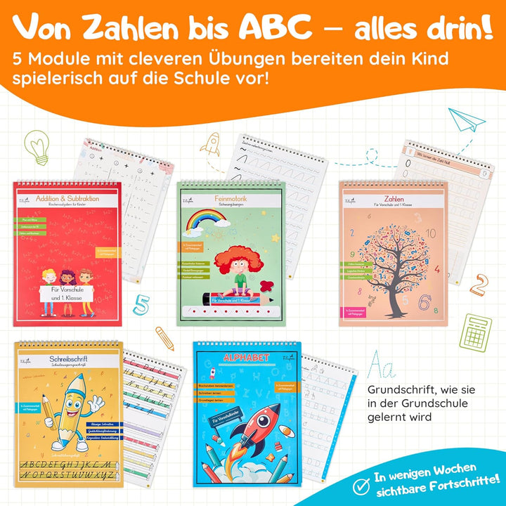 Filapen® 5 Stück Magische Übungshefte Deutsch I Wiederverwendbare Übungshefte für Vorschulkinder I V
