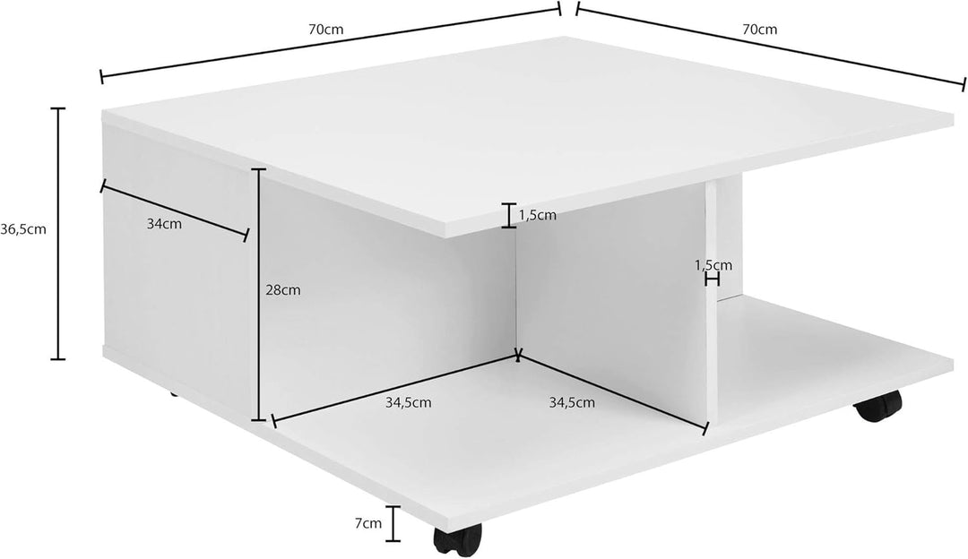 Couchtisch RAPIDO: 70x70x36,5 cm, 2 Schubladen, Rollen, Melaminharzbeschichtung, Weiss/Anthrazit Far