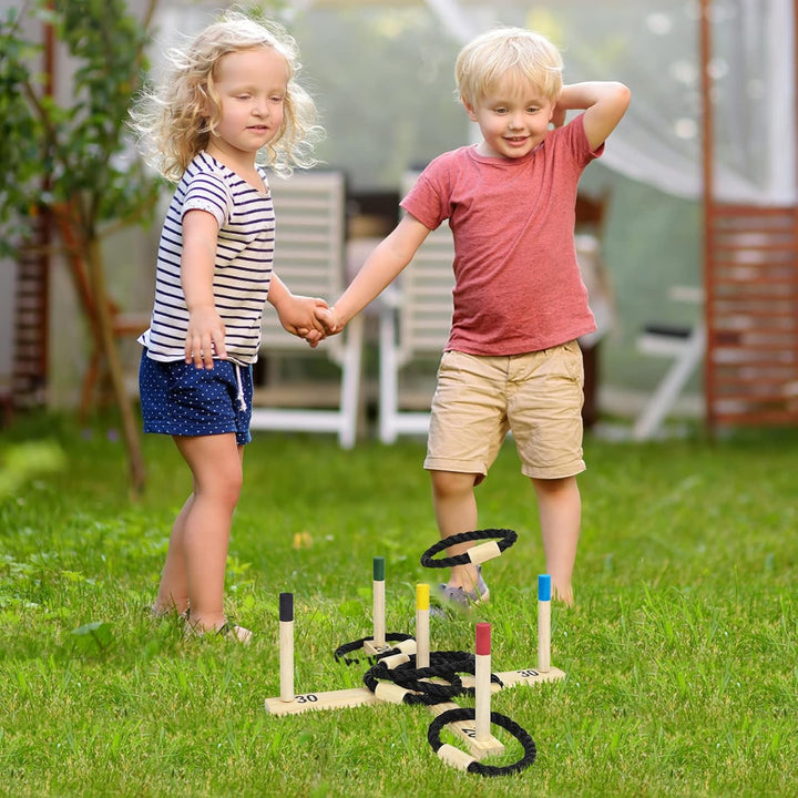 Aufun Ringwurfspiel aus Holz Wurfspiel Set mit 5 Wurfringe und 5 Spielstäben, Holzspiel Gartenspielz